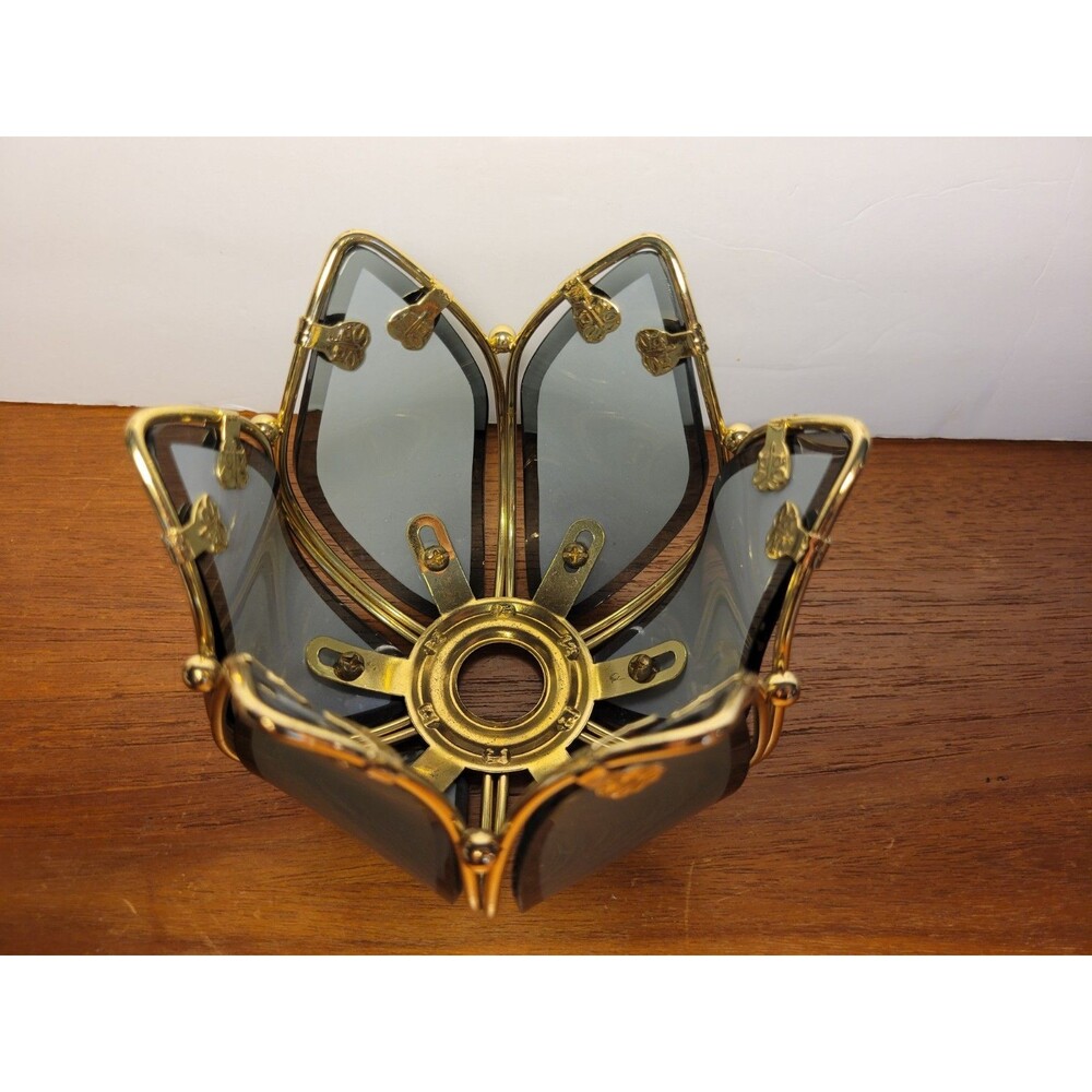 PartyLite Lotus Tealight Votive Candle Holder Smoky Grey Glass Brass 4” - Picture 5 of 10